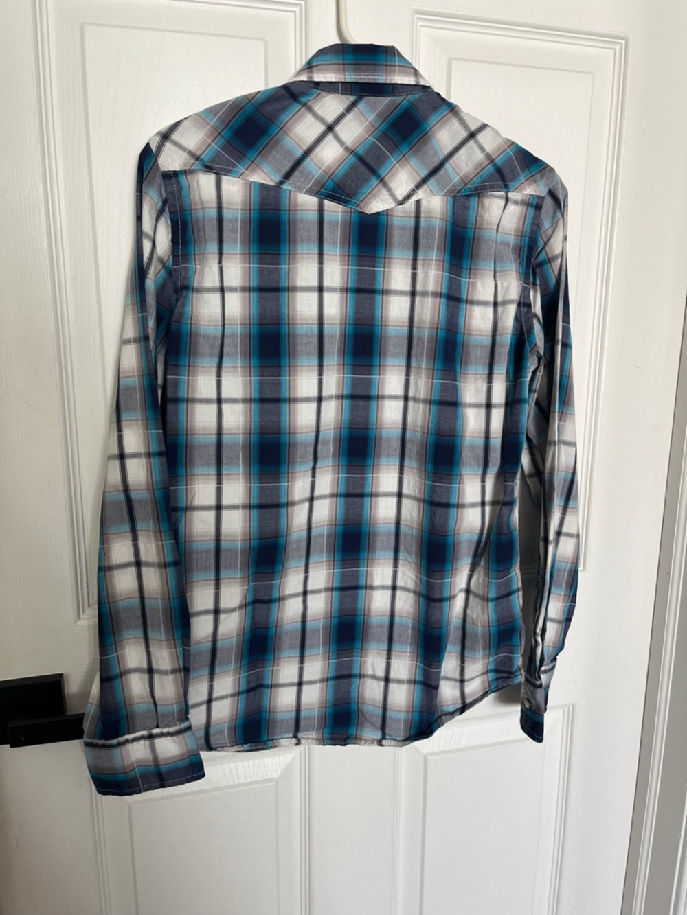 Men's XS Plaid Button-Down Shirt in Teal and Gray - American Eagle Vintage Fit - Picture 5 of 5